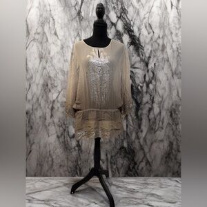 Chicos Elegant Beige Women's Top with Silver Accents